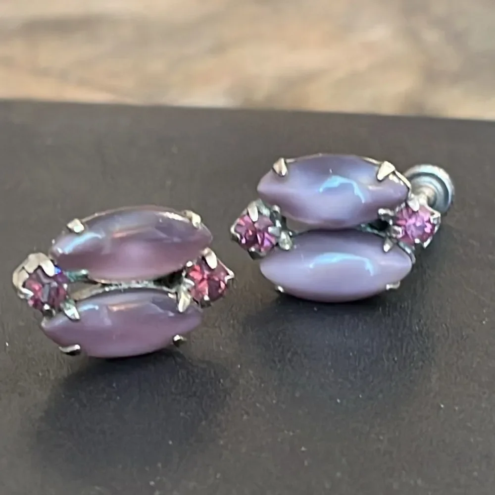 Vintage Clip Earrings Purple Cats Eye & Rhinestones
